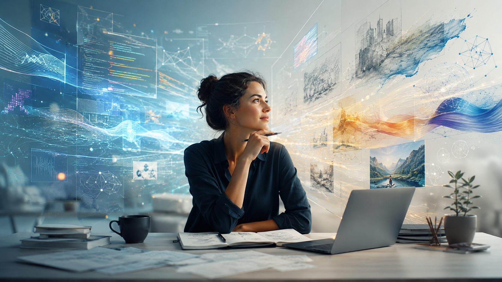 A person working at a desk surrounded by luminous digital tools and creative interfaces, representing AI as an amplifier of human capability.